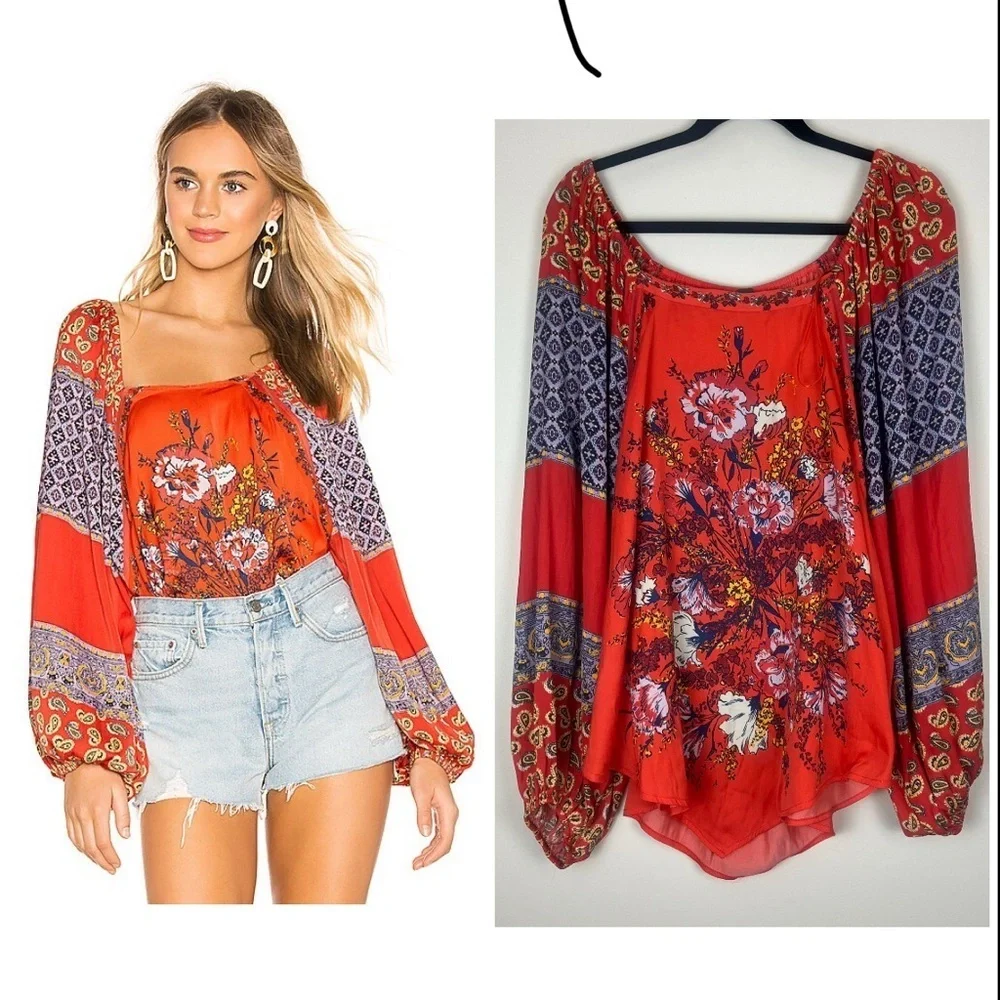 FREE PEOPLE Positano Floral Patchwork Print Boho Long Sleeve Blouse size Large